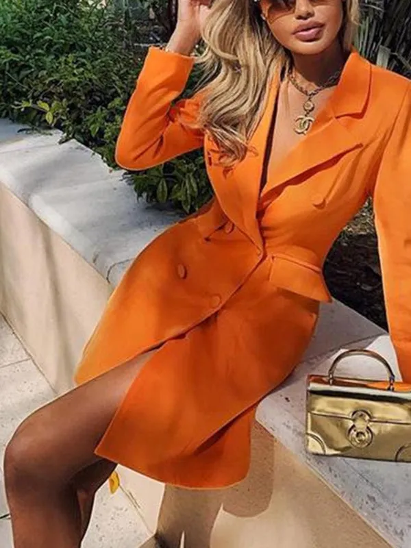 Solid Color Slim Suit Jacket Double-breasted Long-sleeved Lapel Coat Top