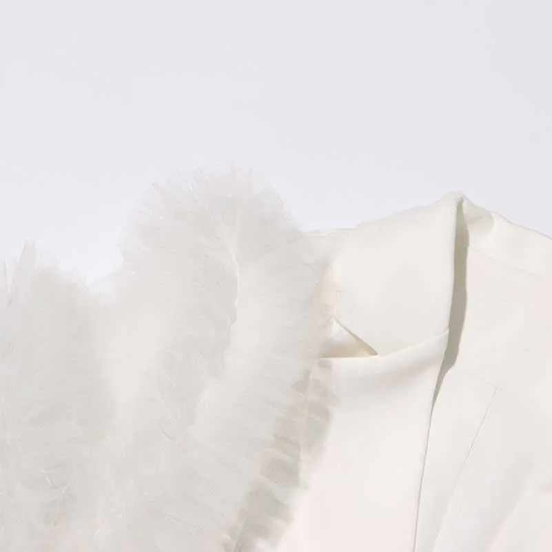 Splicing Mesh Ruffle Double Breasted Suit Jacket Blazer