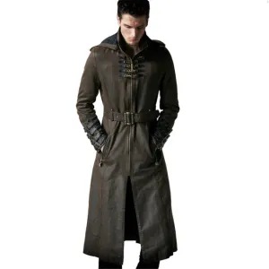 Steampunk Gothic Fashion Men Coffee Dark Twill Long Coat Punk Handsome Leather Loops Hooded Trench Coats Windbreaker Overcoats