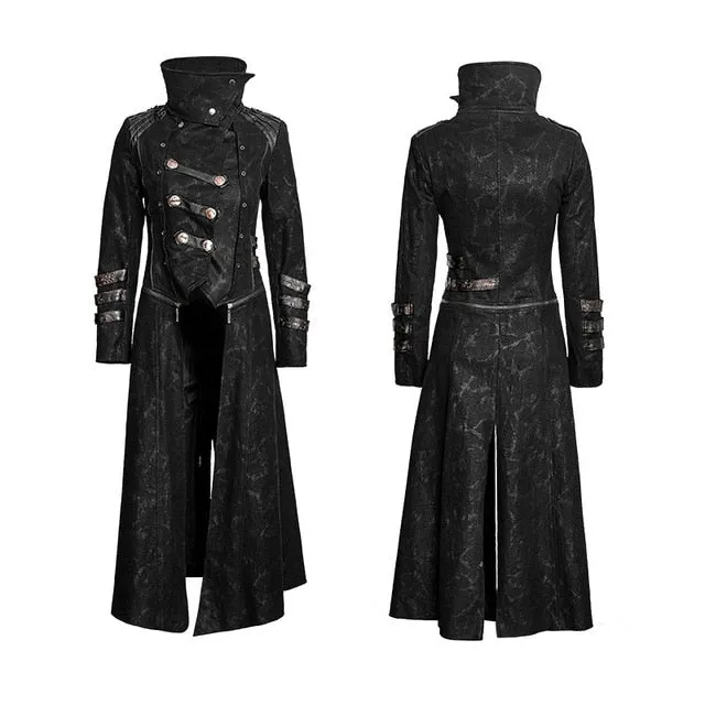Steampunk Gothic Fashion Men Coffee Dark Twill Long Coat Punk Handsome Leather Loops Hooded Trench Coats Windbreaker Overcoats