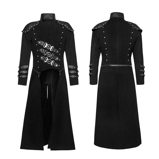 Steampunk Gothic Fashion Men Coffee Dark Twill Long Coat Punk Handsome Leather Loops Hooded Trench Coats Windbreaker Overcoats