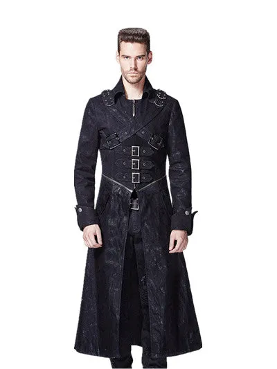 Steampunk Gothic Fashion Men Coffee Dark Twill Long Coat Punk Handsome Leather Loops Hooded Trench Coats Windbreaker Overcoats