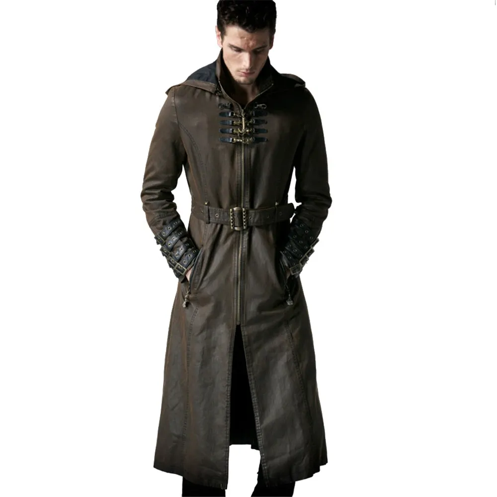 Steampunk Gothic Fashion Men Coffee Dark Twill Long Coat Punk Handsome Leather Loops Hooded Trench Coats Windbreaker Overcoats