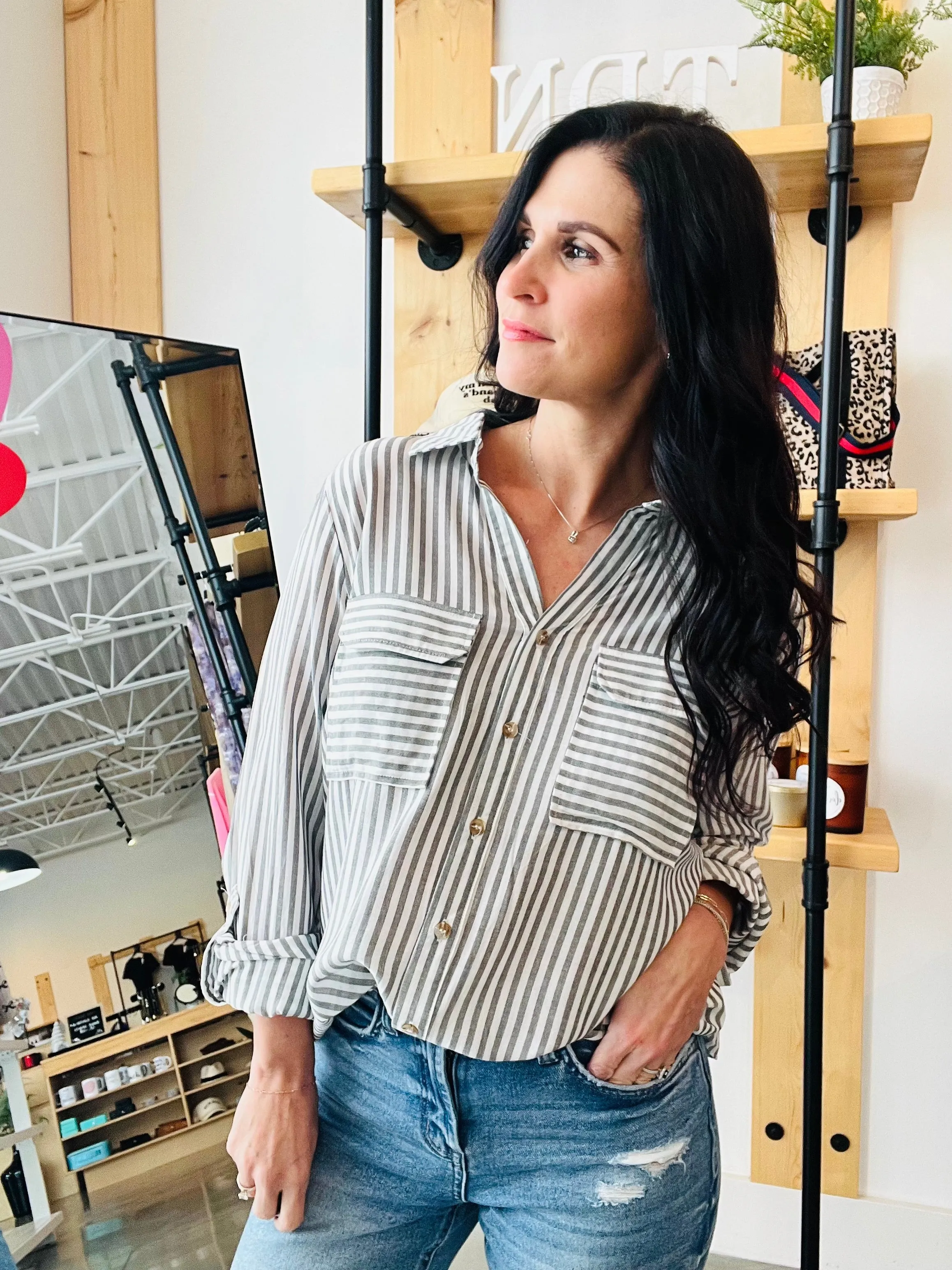 Stripe Collared Button Down Lightweight Shirt - Black