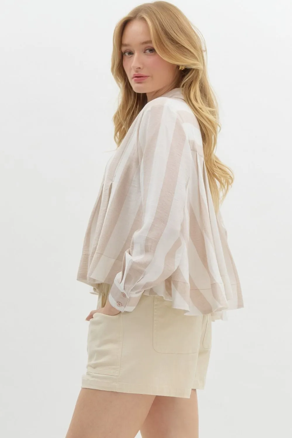 Striped Pleated Long Sleeve - Taupe
