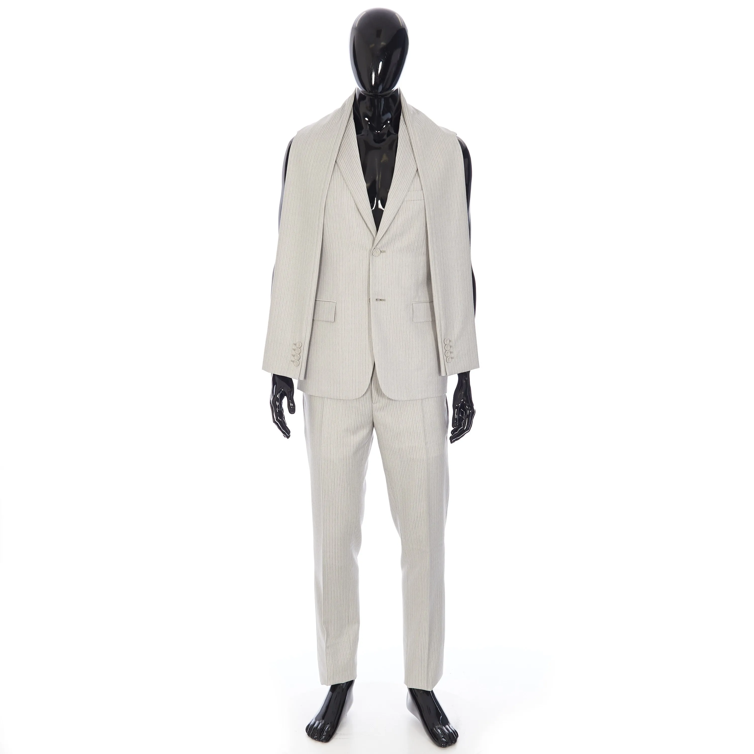 Striped Sleeveless Jacket In Beige Wool Twill