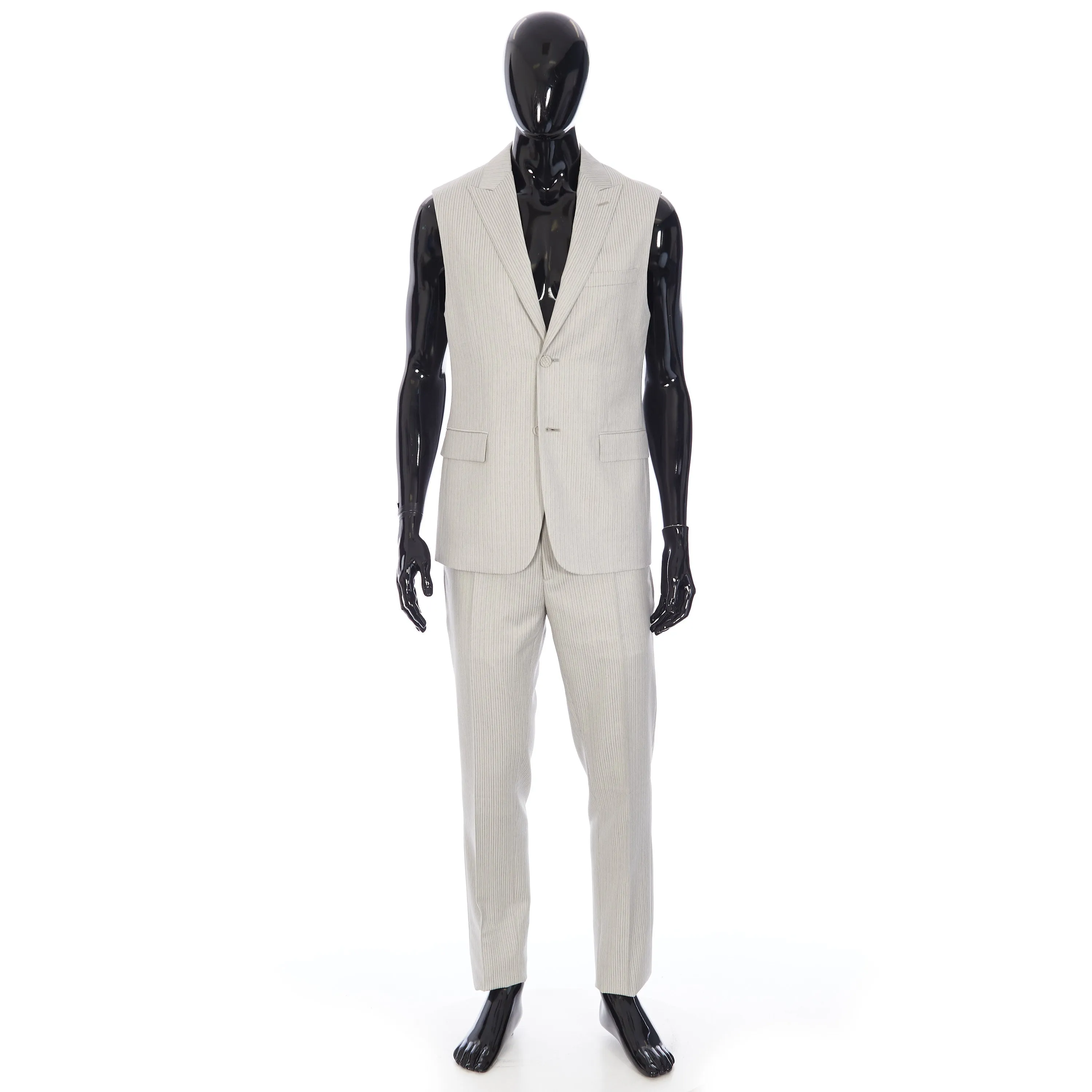 Striped Sleeveless Jacket In Beige Wool Twill