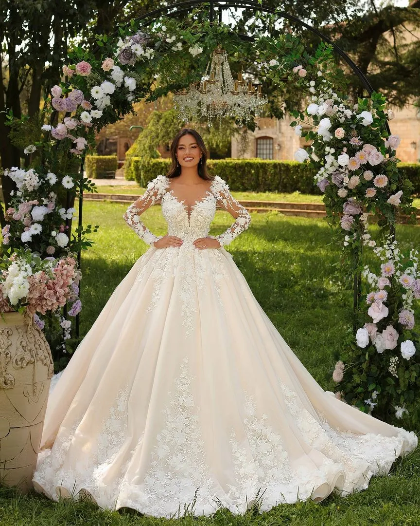 Sweetheart Long Ivory Princess Long Sleeves Appliques Bridal Wear Long