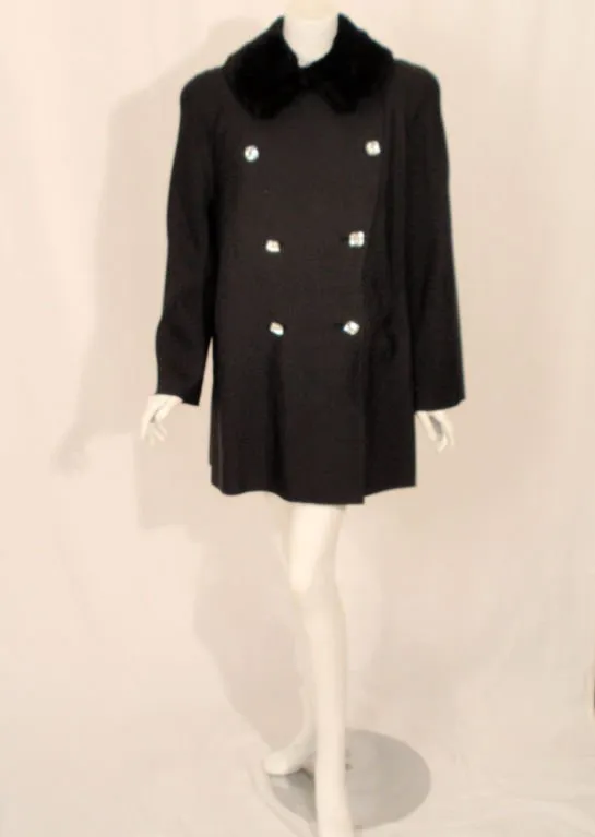 TRAINA-NORELL Black Faille Coat w/ Rhinestone Buttons & Beaver Collar