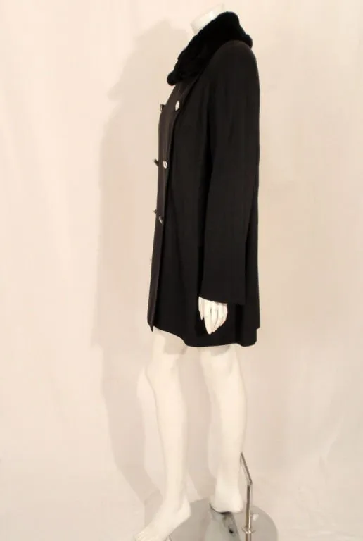 TRAINA-NORELL Black Faille Coat w/ Rhinestone Buttons & Beaver Collar