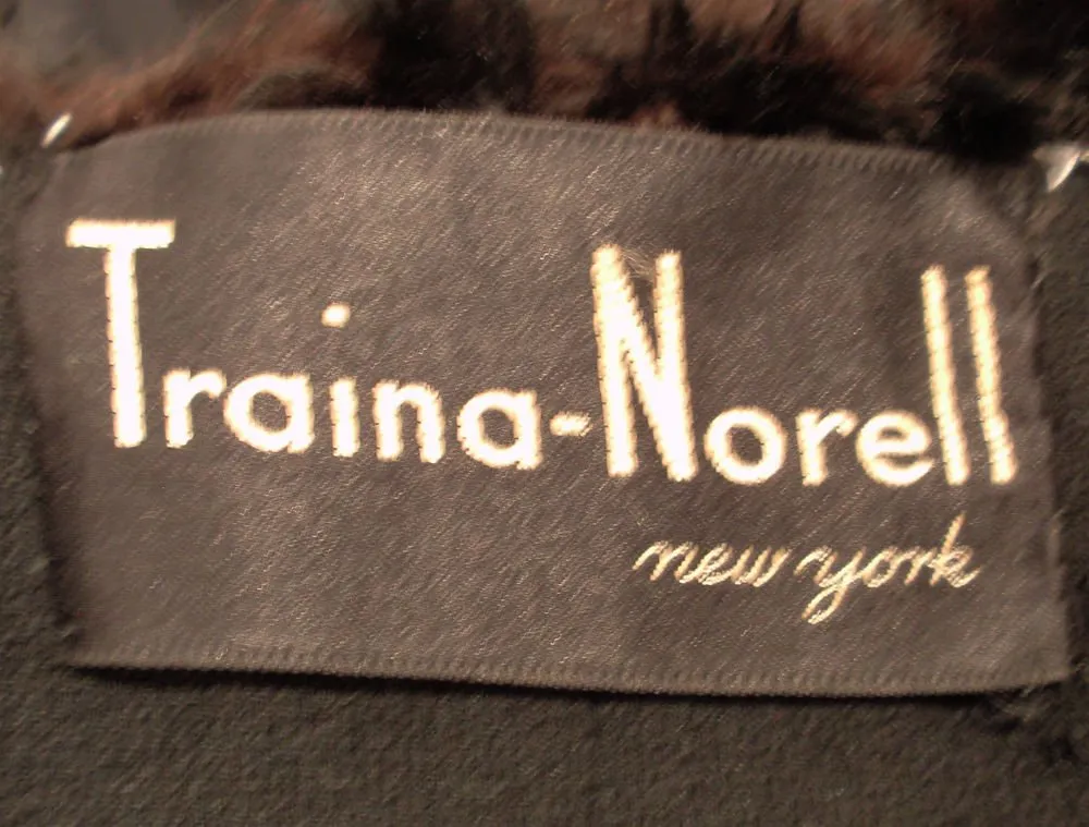 TRAINA-NORELL Black Faille Coat w/ Rhinestone Buttons & Beaver Collar