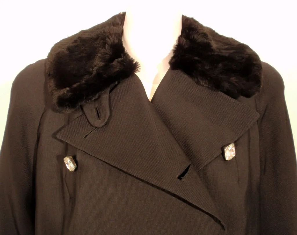 TRAINA-NORELL Black Faille Coat w/ Rhinestone Buttons & Beaver Collar