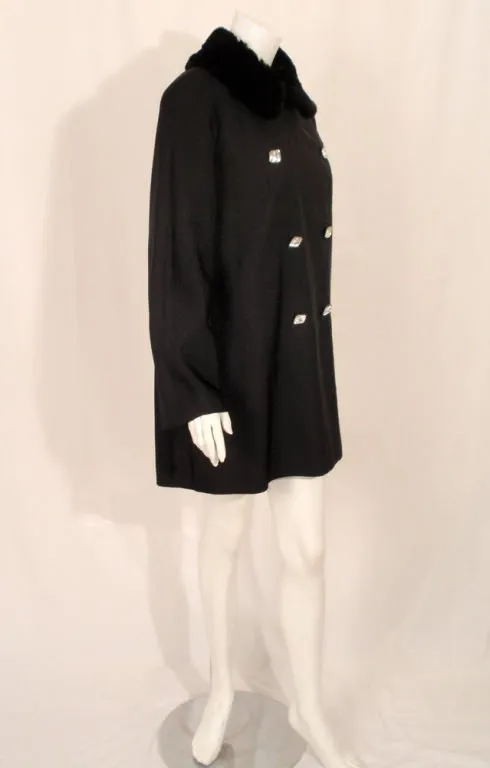 TRAINA-NORELL Black Faille Coat w/ Rhinestone Buttons & Beaver Collar