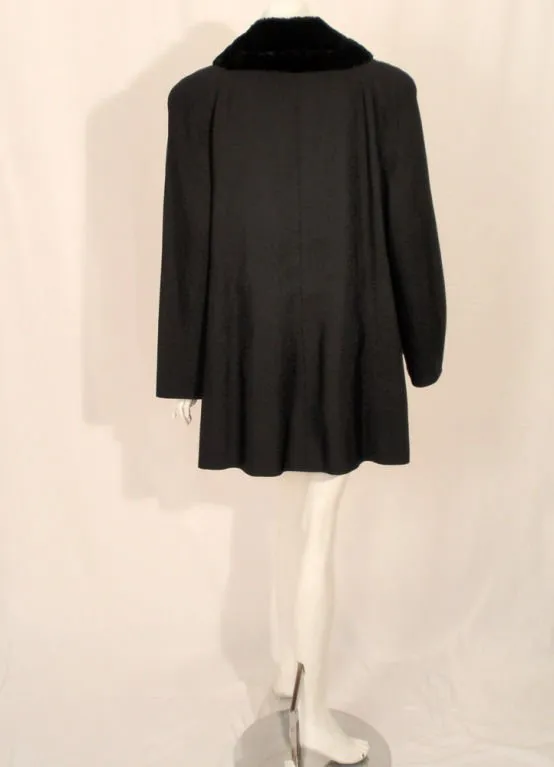 TRAINA-NORELL Black Faille Coat w/ Rhinestone Buttons & Beaver Collar