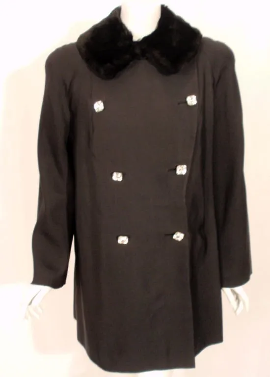 TRAINA-NORELL Black Faille Coat w/ Rhinestone Buttons & Beaver Collar