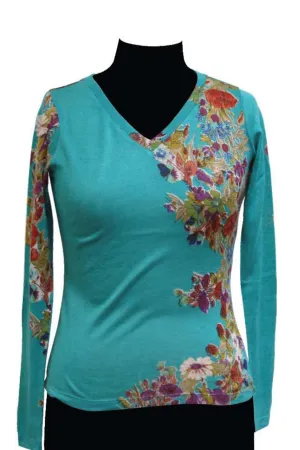 Turquoise Floral Silk Wool Cashmere Sweater