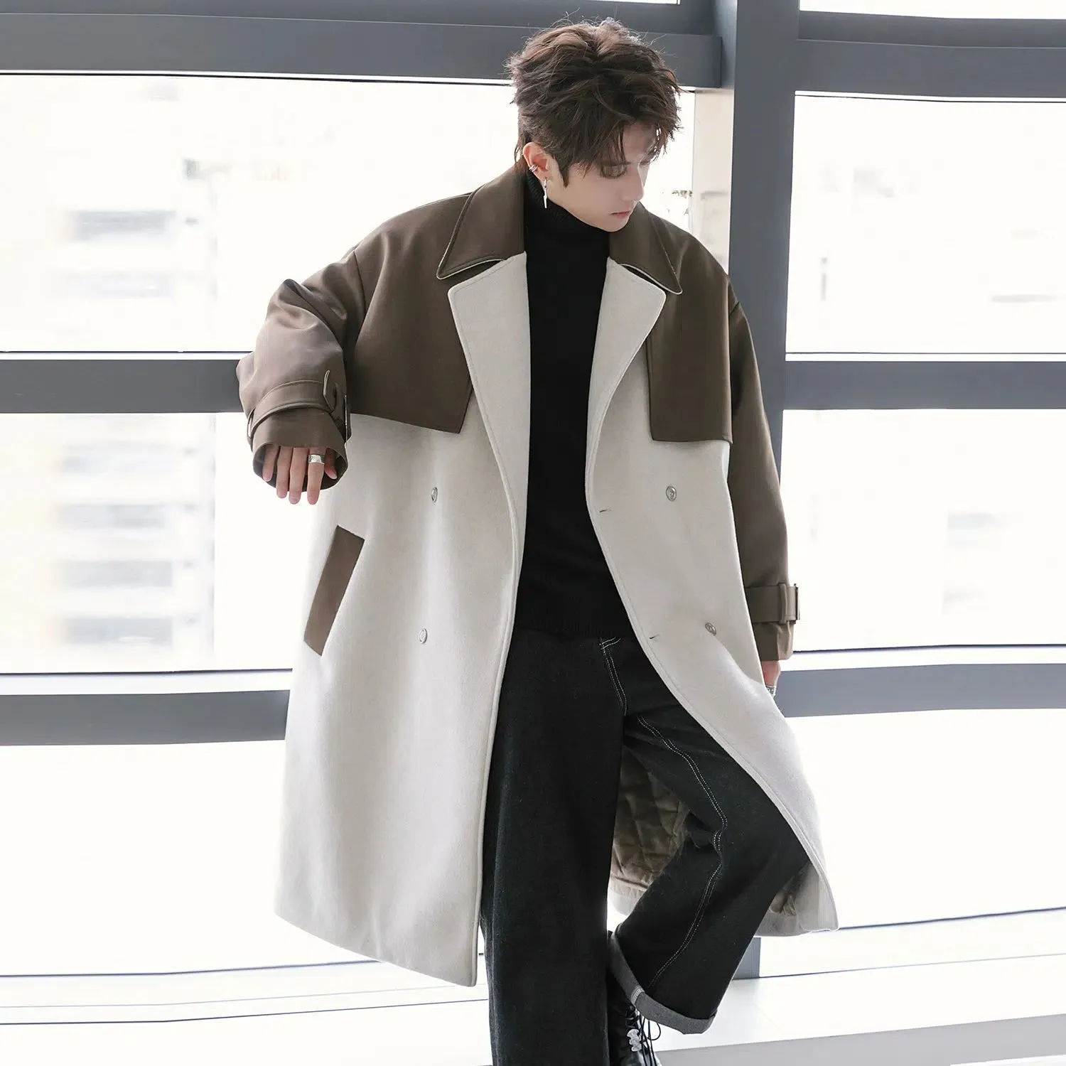 Two-Tone Double-Breasted Wool Coat