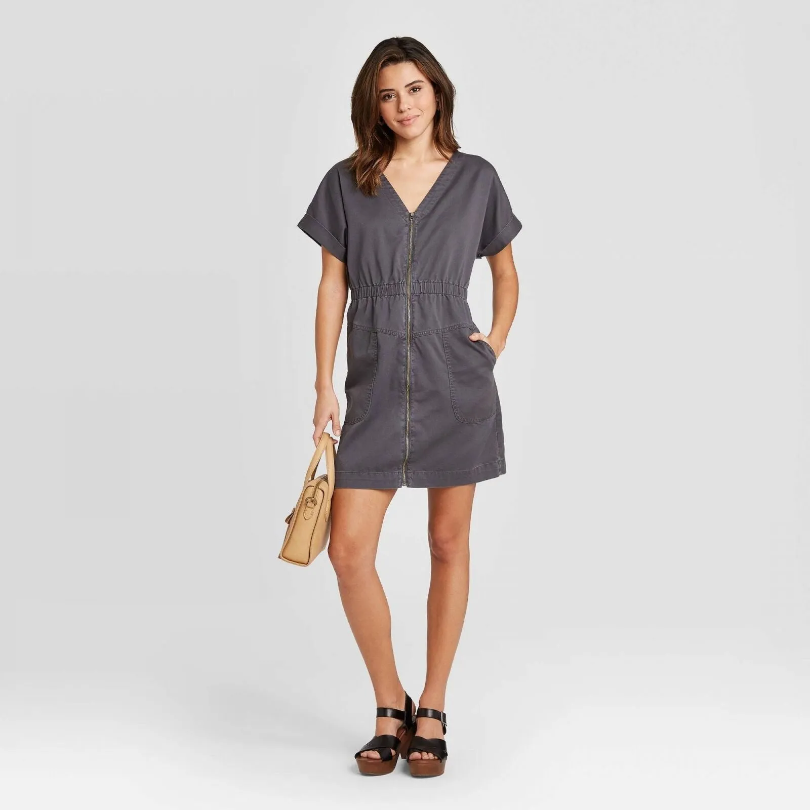 Universal Thread Women's Short Sleeve Zip-Up Elastic Waist Dress 562940