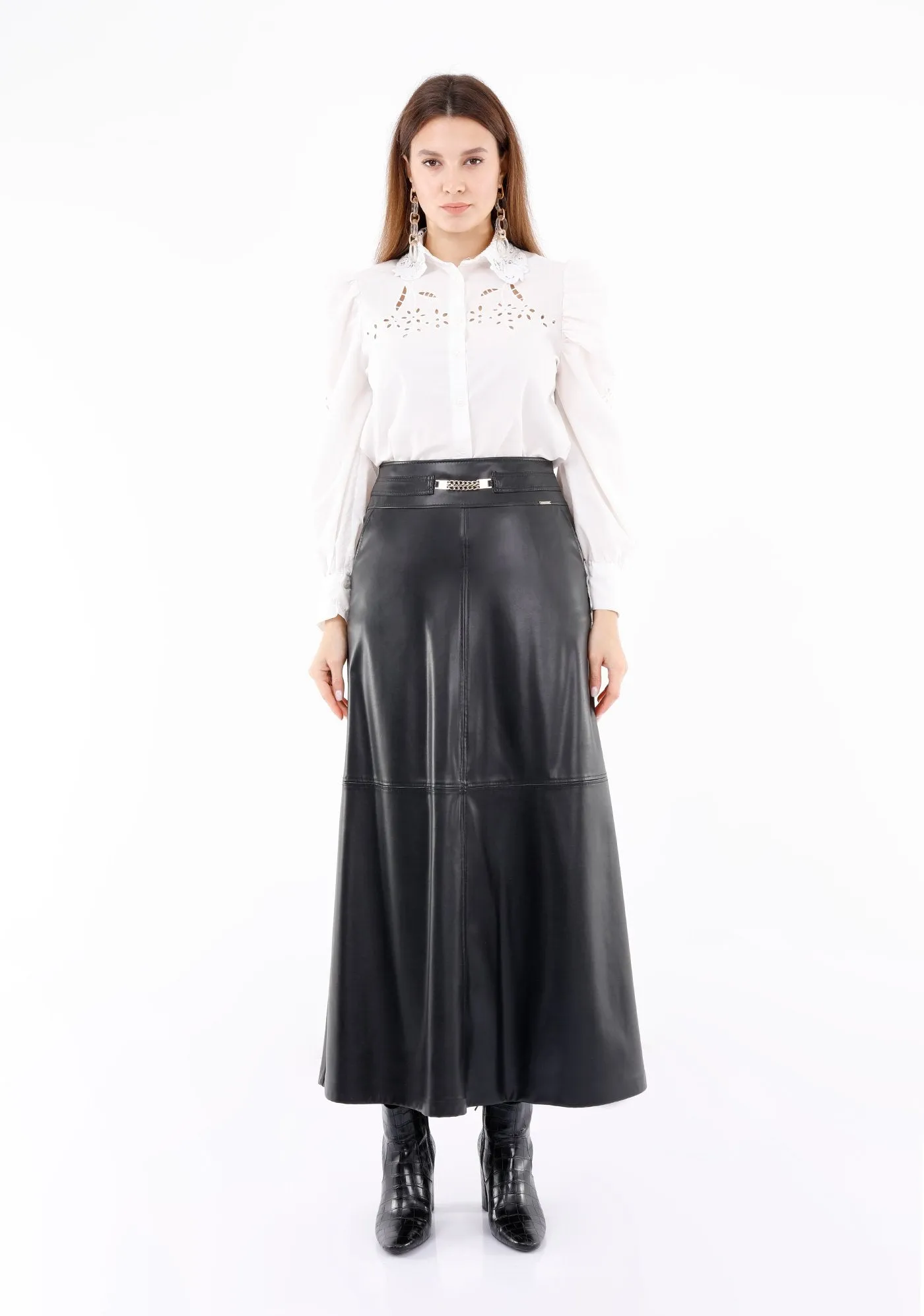 Vegan Leather Maxi Black Skirt with Pockets and Metal Accessories Around Waist