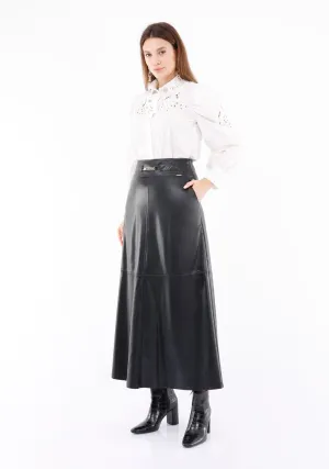 Vegan Leather Maxi Black Skirt with Pockets and Metal Accessories Around Waist