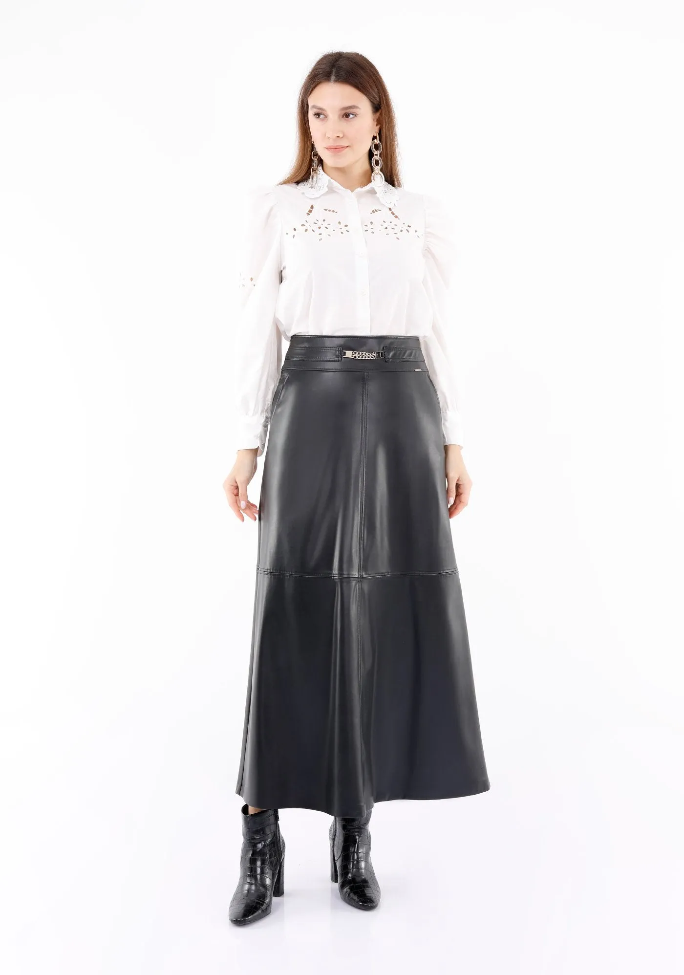 Vegan Leather Maxi Black Skirt with Pockets and Metal Accessories Around Waist