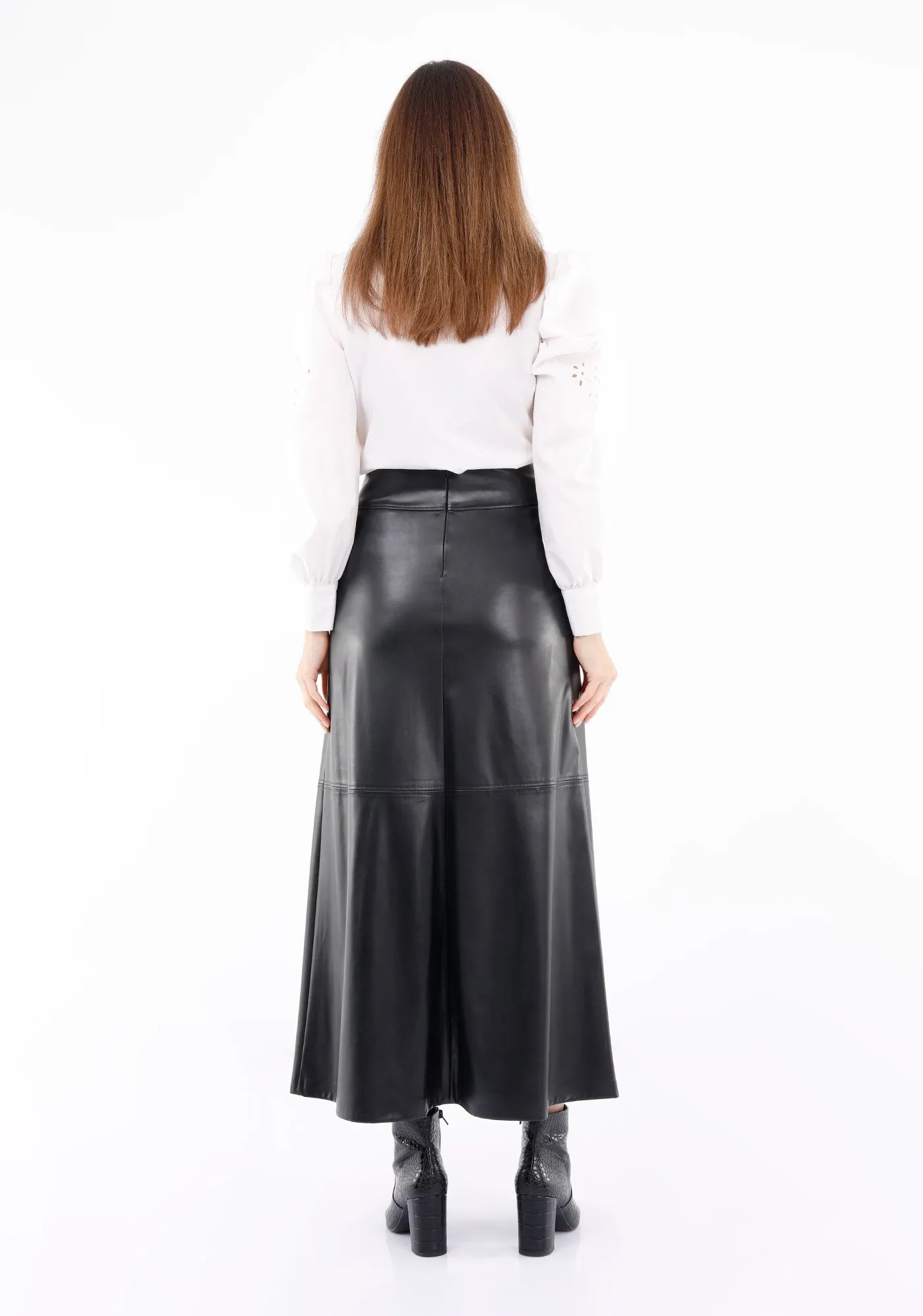 Vegan Leather Maxi Black Skirt with Pockets and Metal Accessories Around Waist