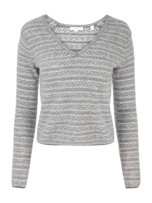 Vince Fair Isle V-Neck in Medium Heather Grey Combo