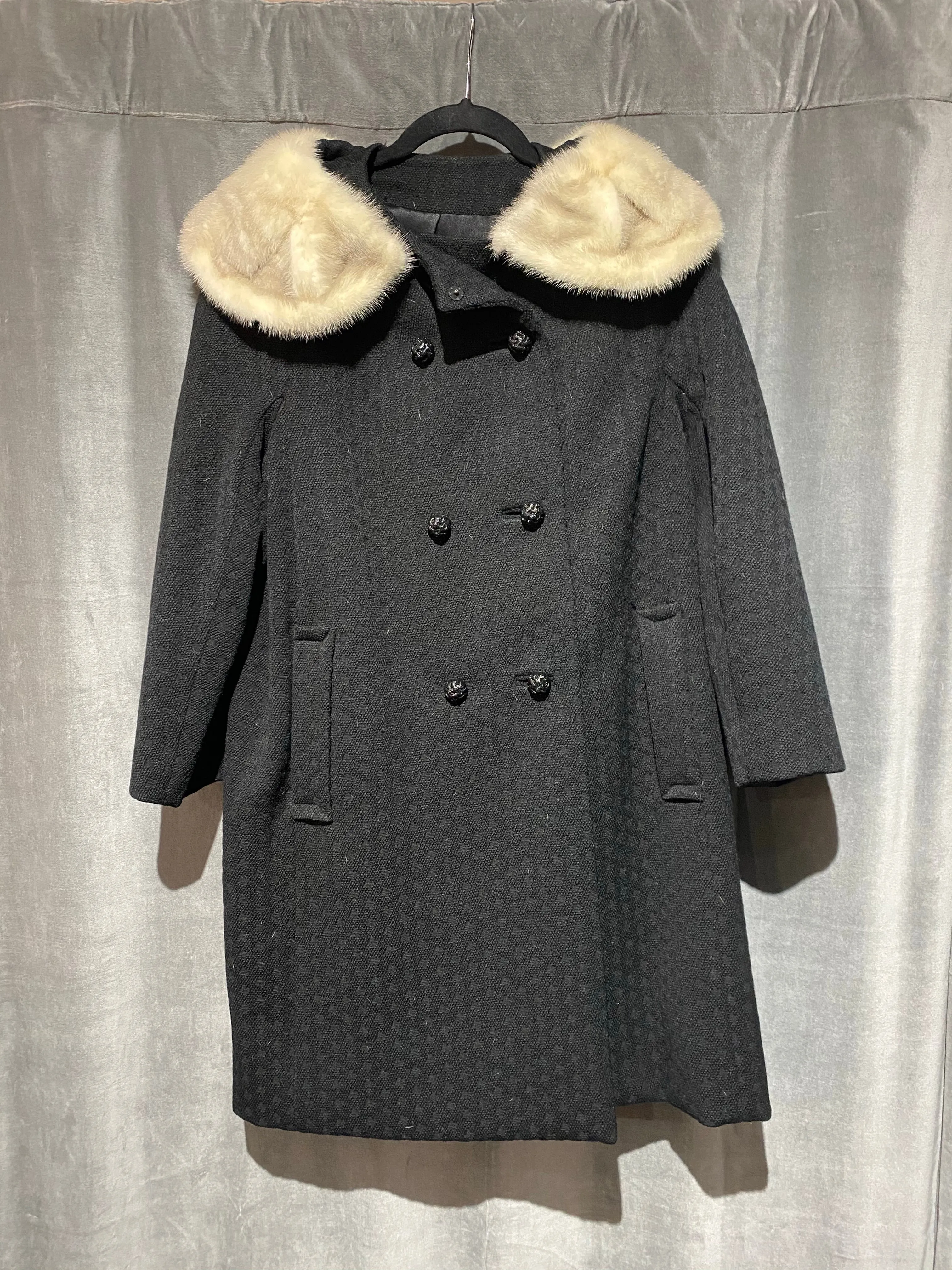 Vintage Black Double Breasted Coat with White Mink Fur Collar