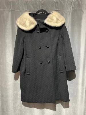 Vintage Black Double Breasted Coat with White Mink Fur Collar