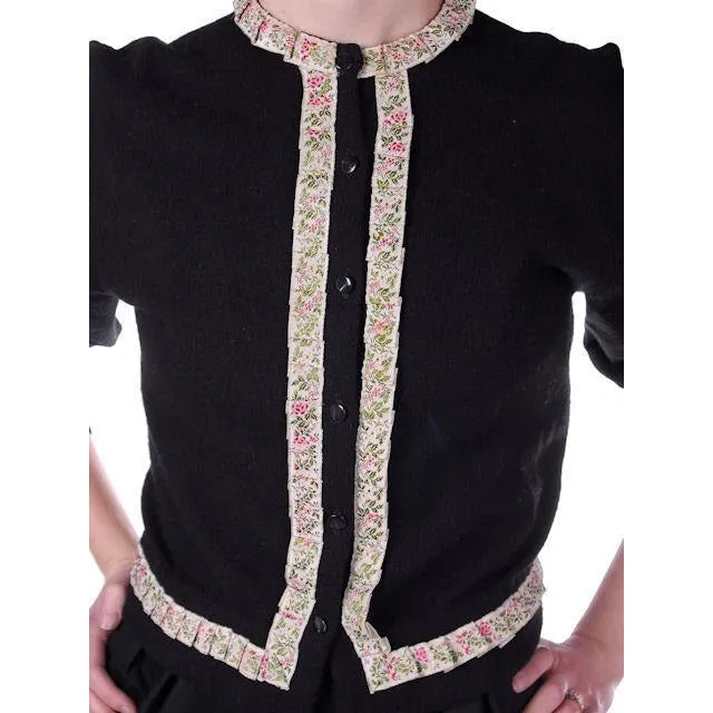 Vintage Cashmere Sweater Black  w/Embroidered Ribbon Trim 1950S