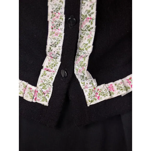 Vintage Cashmere Sweater Black  w/Embroidered Ribbon Trim 1950S