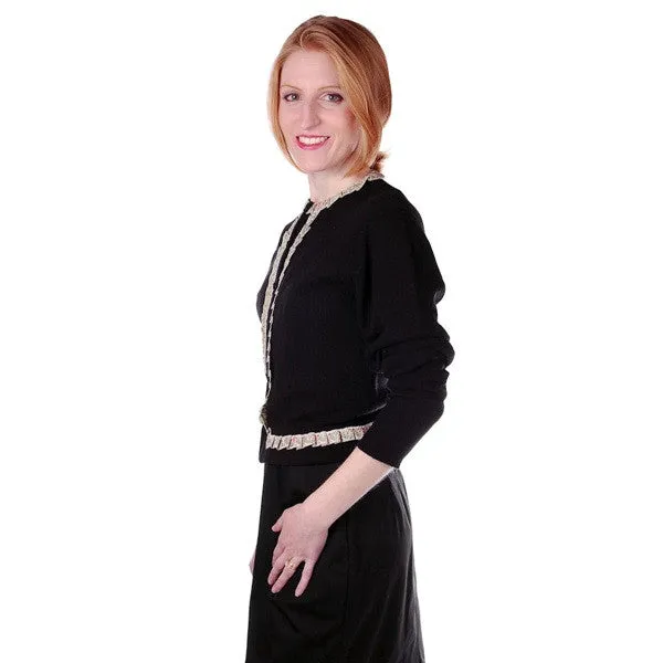 Vintage Cashmere Sweater Black  w/Embroidered Ribbon Trim 1950S