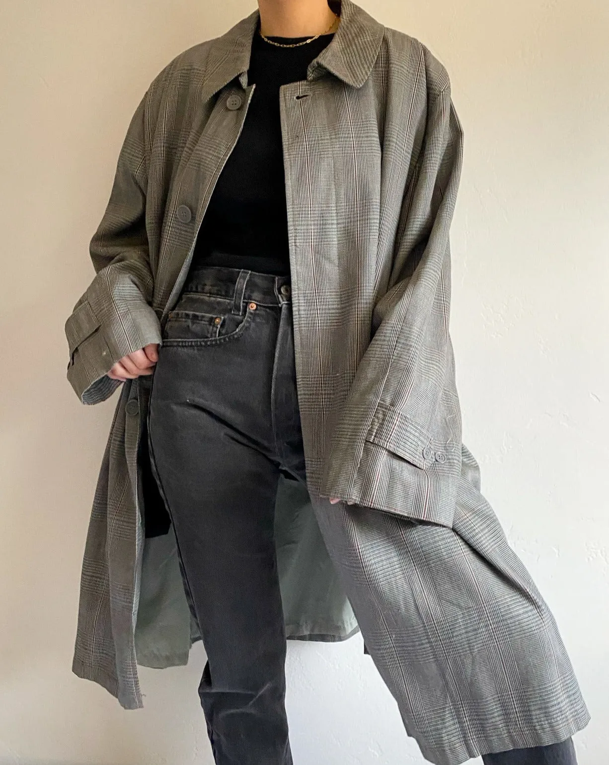 Vintage Grey Plaid Oversized Long Coat