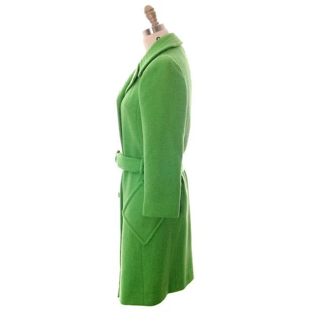 Vintage Ladies Coat Lightweight Lime Green Wool Cool Pockets 1970s Braeton Small