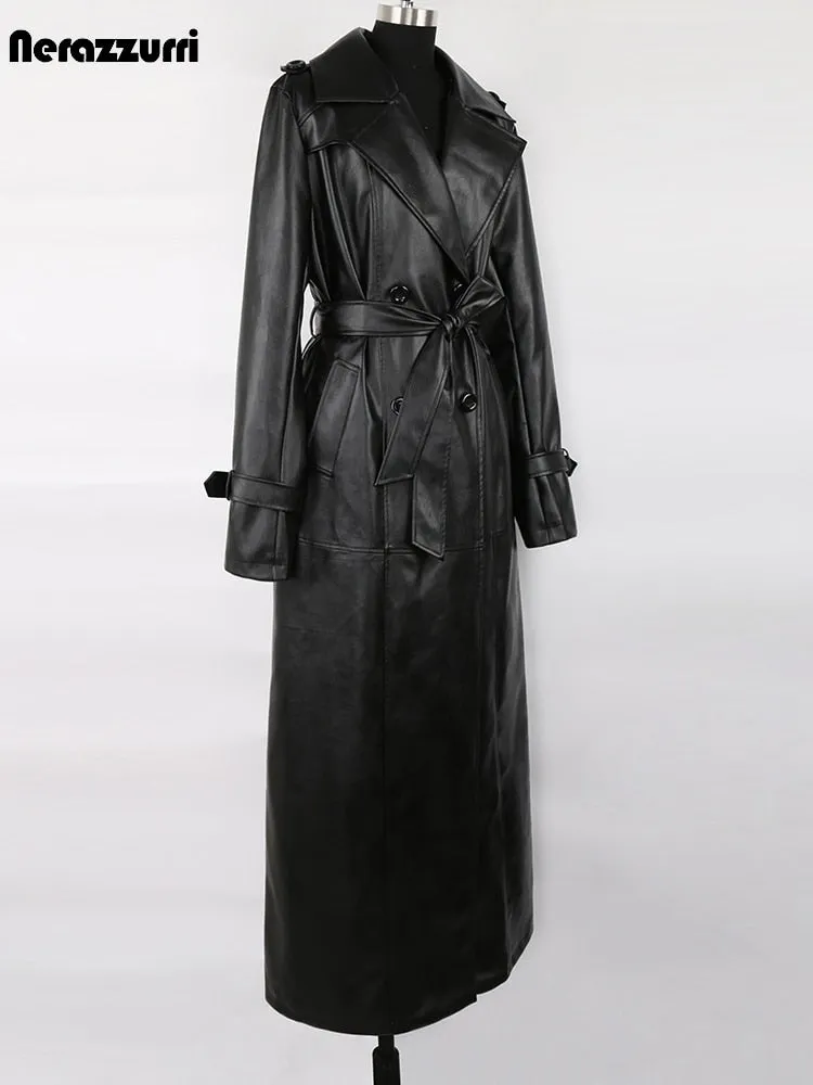 Waterproof PU Vegan Leather Luxury Trench Coat Overcoat For Women