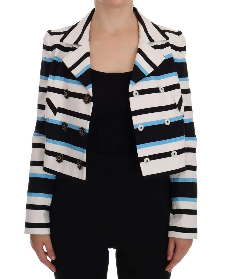 White Blue Black Striped Cotton Crystal Jacket