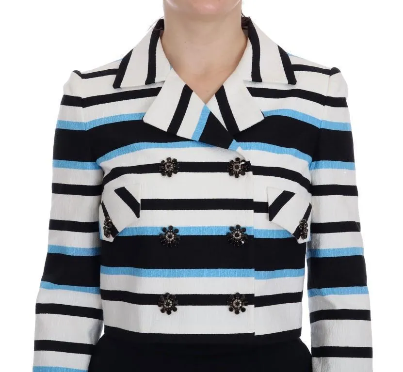 White Blue Black Striped Cotton Crystal Jacket