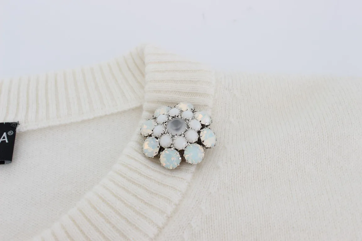 White Cashmere Floral Pearl Sweater