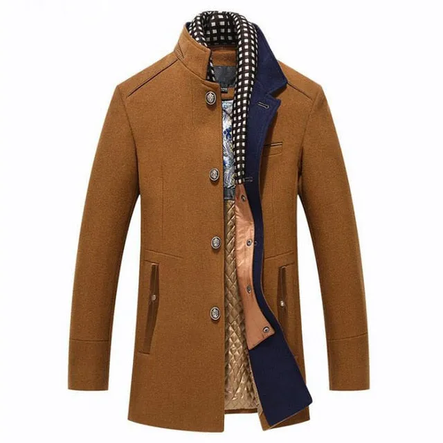 Winter Trench Coat Men Casual Thick Wool Overcoat Men's Stand Collar Woolen Coats With Detachable Scarf Parka Casaco Masculinos