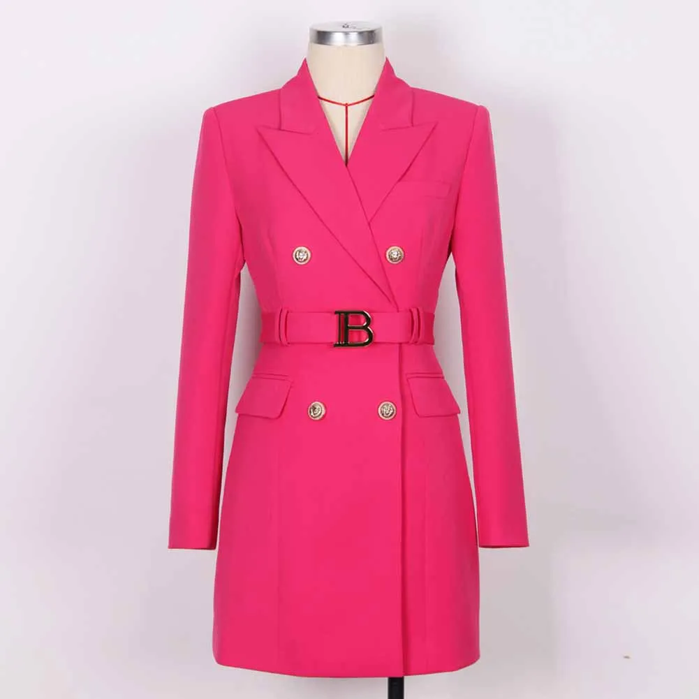 Women double breasted coat dress mid-length blazer dress with belt