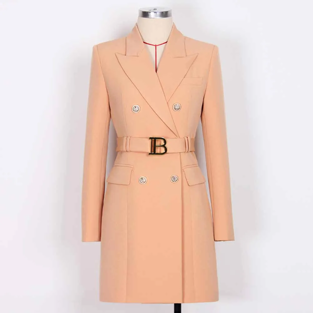 Women double breasted coat dress mid-length blazer dress with belt