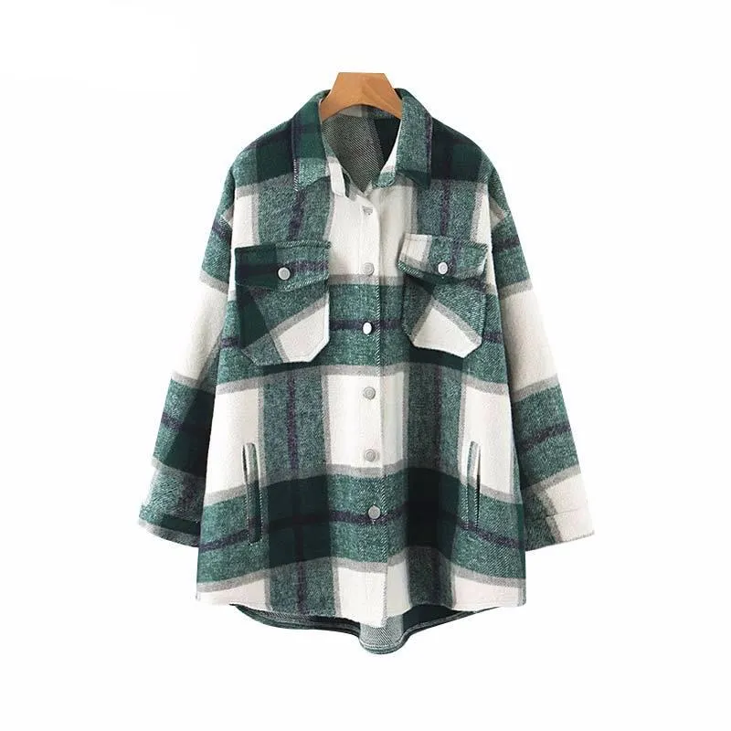 women plaid oversized jacket checkered pockets loose style long sleeve coat female outwear warm causal tops CA557