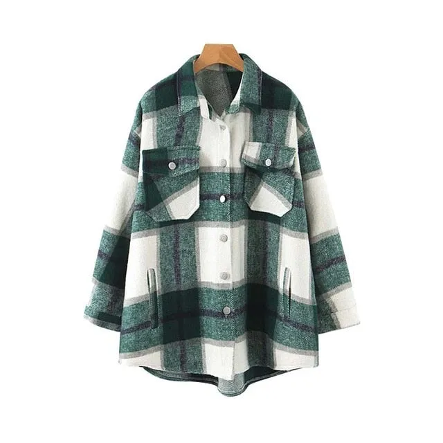 women plaid oversized jacket checkered pockets loose style long sleeve coat female outwear warm causal tops CA557