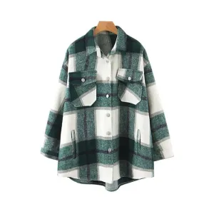 women plaid oversized jacket checkered pockets loose style long sleeve coat female outwear warm causal tops CA557