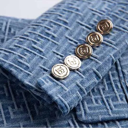 Women's Double Breasted Lion Buttons Belted Soft Denim Blazer Jacket