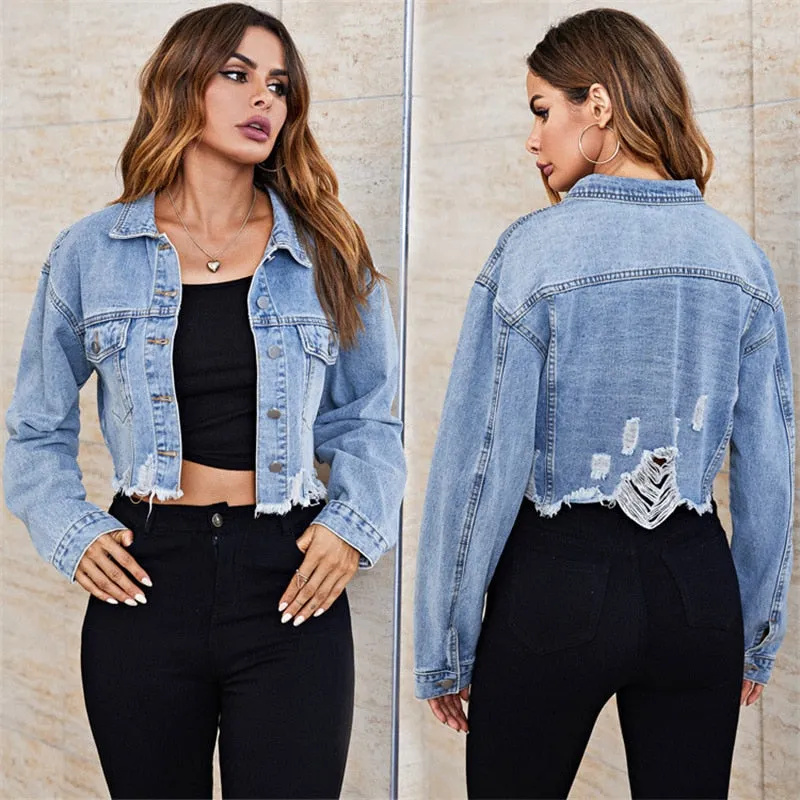 Womens Light Blue Ripped Denim Jacket