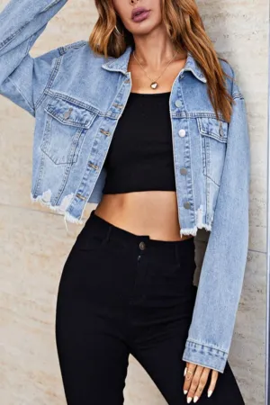 Womens Light Blue Ripped Denim Jacket