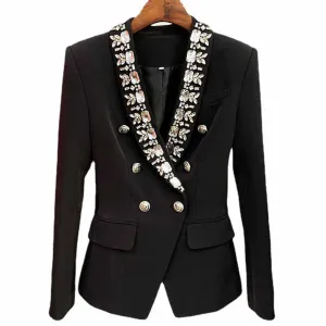 Women's Metal Lion Buttons Studded Fitted Classic Blazer Black