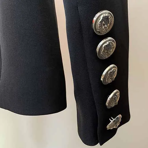 Women's Metal Lion Buttons Studded Fitted Classic Blazer Black