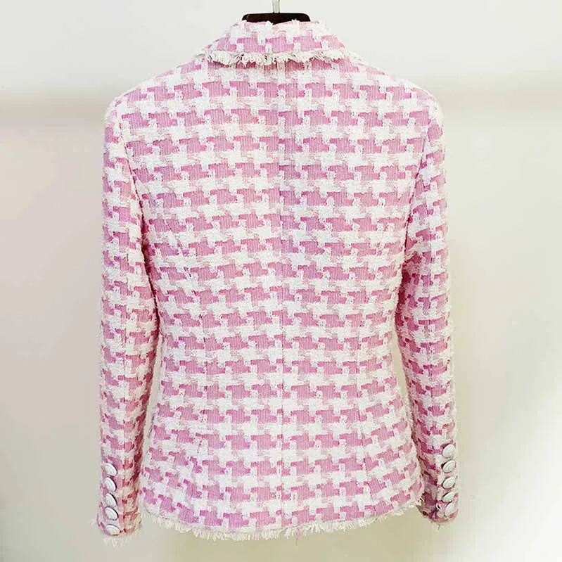 Women's Purple & White Tweed Houndstooth Luxury Fitted Double Breasted Blazer with Lion Buttons